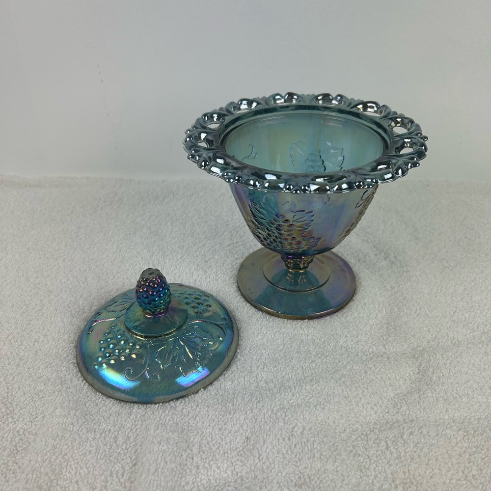 VTG Indiana Glass Iridescent Blue Carnival Glass Compote / Candy Bowl with Lid